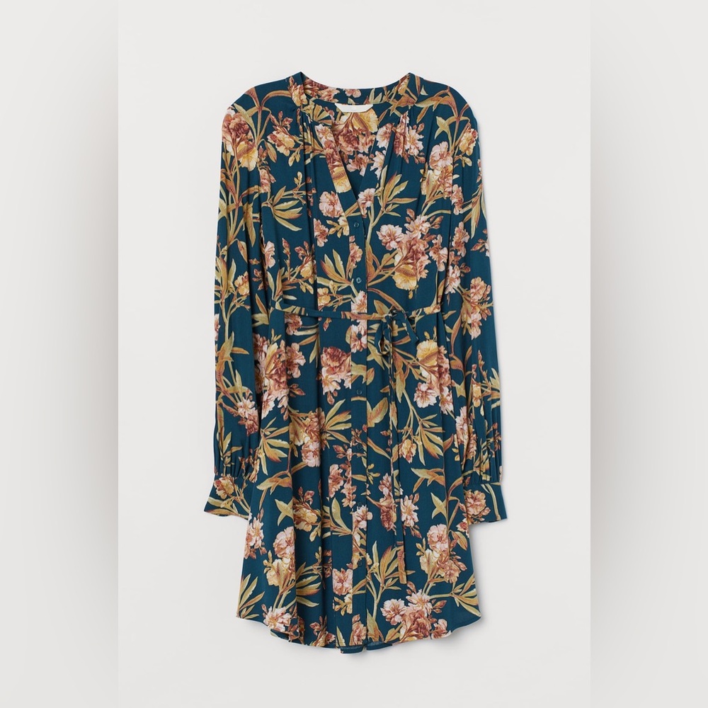 H&M Mama Tunic V-Neck Floral Maternity Teal Size XS Viscose‎ Long Sleeve Top